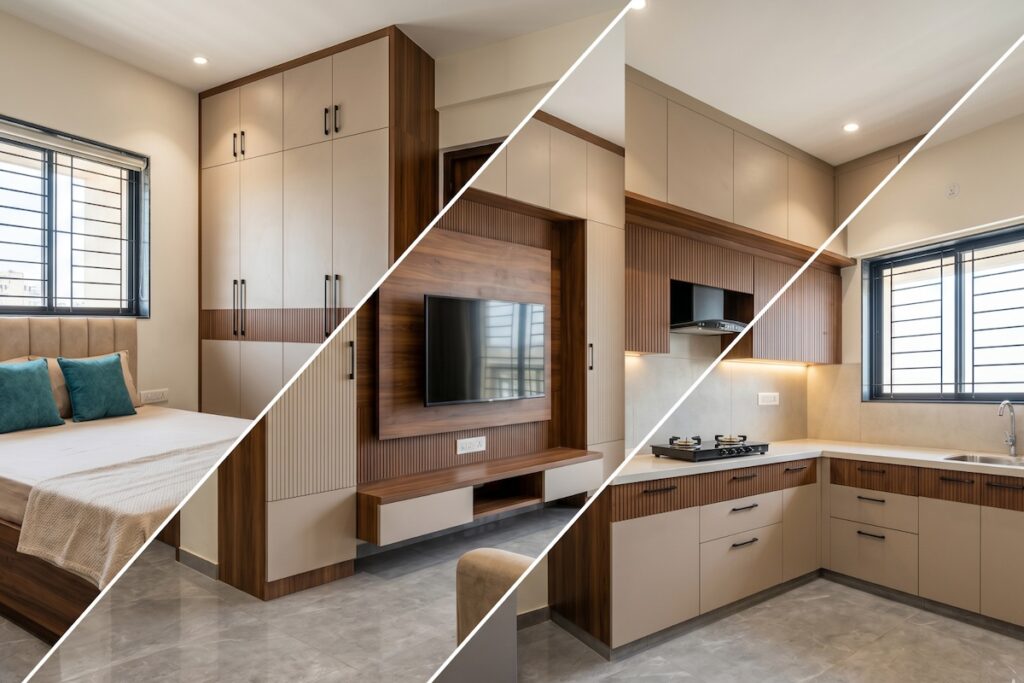 Home Interiors Offer – Chennai Elegant 2 BHK home interior design – modular kitchen and wardrobes by Vaithiyaa Interiors